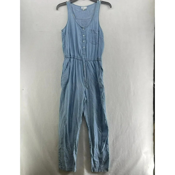 Japna Denim Jumpsuit Women Sz M Sleeveless V-Neck Pockets Drawstring Half Button - Picture 1 of 13